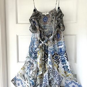 Vintage Camilla Silk Dress with Ruffles and Crystal Accents